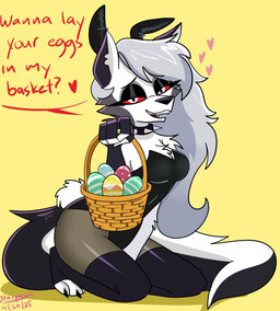 anthro basket bedroom_eyes breasts bunny_costume cleavage clothed clothed_anthro clothed_female clothing collar container costume dialogue digitigrade easter_basket easter_egg fake_ears fake_tail female flirting flirting_with_viewer fur grey_body grey_fur grey_hair hair heart_symbol holidays kneeling legwear leotard long_hair looking_at_viewer narrowed_eyes notched_ear pantyhose pupils red_sclera seductive side_boob simple_background slit_pupils solo spiked_collar spikes strapless_clothing strapless_leotard talking_to_viewer thigh_highs toeless_legwear toeless_stockings white_body white_eyes white_fur yellow_background starpaintart easter hellaverse helluva_boss mythology loona_(helluva_boss) canid canid_demon canine demon hellhound mammal mythological_canine mythological_creature 2025 hi_res