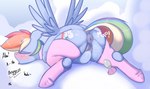 2022 absurd_res anus big_butt blue_body blue_feathers blush bodily_fluids butt buttplug dialogue ejaculation equid equine equine_anus feathers female feral friendship_is_magic genital_fluids genitals hasbro hi_res mammal masturbation my_little_pony mythological_creature mythological_equine mythology pegasus plug_(sex_toy) puffy_anus pussy pussy_ejaculation rainbow_dash_(mlp) sex_toy solo sweat vaginal vaginal_fluids vaginal_masturbation welost wings
