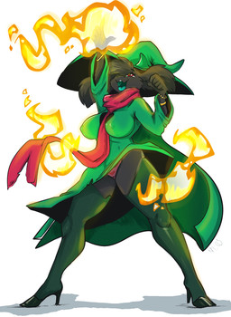 anthro biped black_body black_fur clothing crossgender female fire footwear fur hair hat headgear headwear high_heels magic mtf_crossgender nipple_outline open_mouth shoes smile solo karakylia deltarune undertale_(series) ralsei bovid caprine darkner goat mammal 2019 hi_res