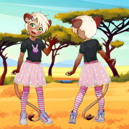 5_fingers accessory anthro bottomwear clothing cloud day eyebrows eyelashes fangs female fingers footwear front_view gesture grass hair hair_accessory hairclip happy humanoid_hands legwear long_socks looking_at_viewer mountain mountain_range multiple_angles oasis open_mouth open_smile pattern_clothing pattern_footwear pattern_legwear pattern_socks plant plantigrade print_clothing print_shirt print_t-shirt print_topwear rear_view round_ears savanna shirt shoes short_hair shrub skirt sky smile sneakers socks solo striped_clothing striped_footwear striped_socks stripes t-shirt tail teeth thin_tail tongue topwear tree waving waving_at_viewer young young_anthro young_female ai_assisted ai_generated_background sicmop keila_(hendric) felid lion mammal pantherine 1:1 absurd_res hi_res