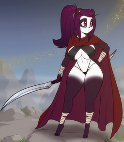 anthro big_breasts black_body breasts cloak clothing eyebrows eyelashes feet female hair hand_on_hip leg_wraps melee_weapon outside panties ponytail purple_eyes purple_hair solo thick_thighs underwear weapon white_body wide_hips wraps scorpdk princess_yue bear giant_panda mammal 2026 hi_res