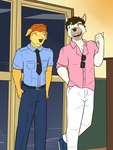 anthro belt bottomwear clothed clothing collared_shirt duo eyewear fully_clothed male necktie pants sunglasses sunglasses_on_shirt tie_clip fuze wolfgang_(fuze) canid canine canis domestic_dog mammal 3:4 hi_res