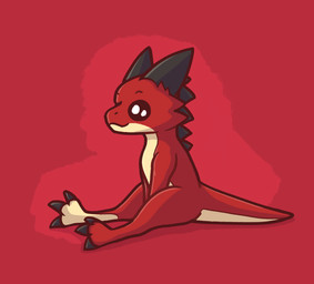 anthro back_spikes belly big_eyes black_sclera claws eyebrows frill_(anatomy) fur horn male multicolored_body red_body red_fur silly simple_background solo spikes spikes_(anatomy) tail tan_belly zcythe stonescales kobold lizard reptile scalie hi_res icon shaded simple_shading