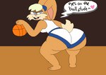 accessory anthro ball basketball_(ball) basketball_uniform big_butt blonde_hair blue_clothing blue_eyes blue_hairband bottomwear breasts butt clothed clothing crop_top female fur hair hair_accessory hairband half-closed_eyes heart_symbol hotpants long_ears looking_back midriff minishorts multicolored_bottomwear multicolored_clothing multicolored_topwear narrowed_eyes on_ground orange_body orange_fur presenting presenting_hindquarters scut_tail shaking shaking_butt shirt short_tail shorts solo speech_bubble sportswear tail text thick_thighs topwear tune_squad_outfit tune_squad_outfit_(1996) twerking two_tone_bottomwear two_tone_clothing two_tone_topwear uniform white_clothing sketchybun looney_tunes space_jam warner_brothers lola_bunny lagomorph leporid mammal rabbit animated digital_media_(artwork) english_text short_playtime