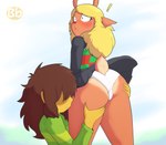 anthro antlers blonde_hair blush bottomwear brown_body brown_fur brown_hair butt butt_grab checkered checkered_clothing clothing duo eyelashes female freckles fur green_clothing green_sweater green_topwear hair hand_on_butt horn long_hair panties pattern_clothing red_nose skirt smile sweater tail topwear underwear yellow_body bingbingo_(artist) deltarune undertale_(series) kris_(deltarune) noelle_holiday deer human mammal hi_res