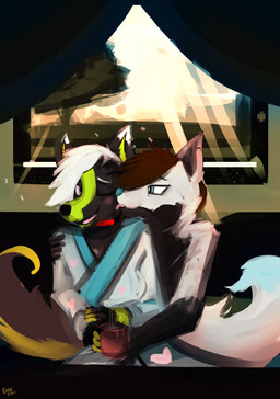 anthro bathrobe biped black_body black_fur black_nose blue_body blue_eyes blue_fur blue_nose blue_tail_tip breasts brown_hair brown_tail clothed clothing dipstick_tail duo ear_piercing female fur green_body green_fur grey_clothing grey_robe hair inside light looking_at_another male markings multicolored_body multicolored_ears multicolored_fur multicolored_tail one_eye_closed piercing pink_tongue plant purple_eyes robe romantic romantic_ambiance romantic_couple shadow snout tail tail_markings tongue tongue_out tree two_tone_ears two_tone_tail white_body white_fur white_hair window year dirtyscoundrel donovan_(donovanfox759) kaylee_(kayleecoyote) canid canine canis fox mammal wolf 2017 digital_media_(artwork) digital_painting_(artwork) hi_res painting_(artwork) signature