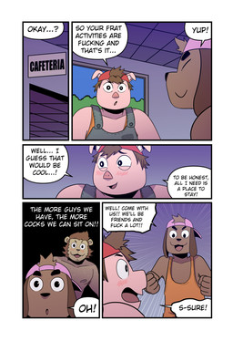 anthro armpit_hair backwards_baseball_cap backwards_hat baseball_cap blush body_hair brown_body brown_hair cafeteria clothing cute_fangs dialogue excited eyes_closed fangs fist five_frame_image flashback group hair hat headgear headwear inside long_ears looking_away male nipples orange_clothing orange_shirt orange_topwear overalls pink_body pink_clothing pink_hat pink_headwear profanity red_clothing red_hat red_headwear shirt sign tank_top teeth text topwear trio window yellow_body t0l0k octavio_(t0l0k) roy_(t0l0k) scott_(t0l0k) canid canine canis domestic_dog domestic_pig felid lion mammal pantherine suid suine sus_(pig) comic english_text hi_res multiple_scenes