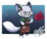 anthro apron barista breath clothed clothing eyewear fly_swatter fur glasses grey_body grey_fur holly_(plant) looking_at_viewer plant shirt solo topwear uniform gingy_k_fox pixile_studios super_animal_royale gingy_(gingy_k_fox) canid canine fox mammal