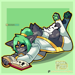 anthro ass_up blush book bouncing breasts butt clothed clothing duo female fur hair holding_object humor lore lying nerd paws reading reading_book simple_background size_difference tail text topwear nagifur mages_(nagifur) felid mammal 1:1 2d_animation animated digital_media_(artwork) english_text loop meme story story_in_description