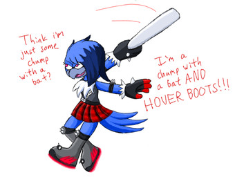 anthro baseball_bat bat_(object) beak belt blue_body blue_feathers boots bottomwear clothing elbow_pads extreme_gear feathers femboy fluffy fluffy_chest footwear gloves grey_beak handwear knee_pads male pink_eyes pleated_skirt shoes skirt solo spikes text white_body white_feathers cookie-pone sega sonic_the_hedgehog_(series) fan_character shred_the_bluebird avian bird bluebird mountain_bluebird oscine passerine thrush_(bird) english_text trans_(lore) trans_man_(lore)