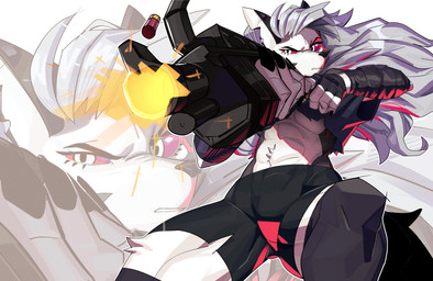 abs absolute_territory anthro arm_wraps biped black_nails bottomwear breasts clothed clothing colored_nails female fur gun hair hotpants legwear midriff nails no_bra notched_ear ranged_weapon red_eyes shell_(projectile) shorts shotgun shotgun_shell simple_background solo tail thigh_highs under_boob weapon white_body white_fur white_hair wraps miscuitsxd hellaverse helluva_boss mythology loona_(helluva_boss) canid canid_demon canine demon hellhound mammal mythological_canine mythological_creature absurd_res hi_res