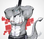 2017 abs aliensymbol anthro artist_name barazoku biceps big_muscles blue_eyes clothing dancing dragon front_view grey_body hi_res kardukk kobold male multicolored_body muscular muscular_anthro muscular_male mythological_creature mythological_scalie mythology pecs pole pole_dancing pose reptile scalie shaded signature simple_background standing tail teasing towel traditional_media_(artwork) two_tone_body white_body