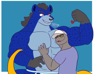 abs anthro barazoku black_hair blue_body blue_fur clothed clothing duo eye_contact fur hair heart_symbol jockstrap jockstrap_only looking_at_another male male/male muscular muscular_anthro muscular_male pec_grab pecs size_difference topless underwear underwear_only conditional_dnp kazuhisa_(artist) kemoteto_yakuza_project kazuhisa hyena lizard mammal reptile scalie spotted_hyena 2025 hi_res