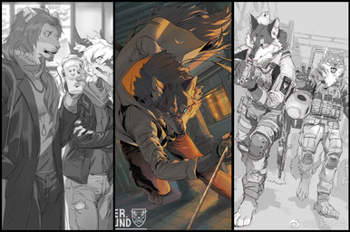 anthro barefoot beak beverage black_nose blue_eyes bottomwear brown_bottomwear brown_clothing brown_pants bulletproof_vest claws clothed clothing coat coffee_cup container crossed_arms cup dark_hair detailed_background duo electronics explosives eye_scar facial_hair facial_scar fanny_pack feet fighting_pose fingerpads fur goatee grenade grey_body grey_fur gun hair handgun holding_coffee_cup holding_container holding_cup holding_gun holding_handgun holding_katana holding_melee_weapon holding_object holding_pistol holding_ranged_weapon holding_sword holding_weapon horn jacket jewelry katana knee_pads logo long_coat long_pants looking_aside looking_at_viewer magazine_(gun) male melee_weapon military_pants mouth_scar multicolored_body multicolored_fur necklace open_mouth pants pawpads pendant pistol pose radio ranged_weapon rifle scar scarf shirt sling_bag solo standing straps sword tactical_gear tail teeth text topwear two_tone_body two_tone_fur united_kingdom weapon white_body white_fur white_hair yoshi.kaoru mythology avian bird canid canine canis dragon felid lion mammal mythological_creature mythological_scalie pantherine scalie wolf colored digital_media_(artwork) english_text hi_res monochrome
