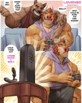arm_tattoo barazoku beard blue_eyes bovid_horn bovine_horn brown_body brown_eyes brown_fur bull_horn claws clothing controller duo ear_piercing erection erection_under_clothing eyebrow_piercing facial_hair facial_piercing fur furniture game_controller genitals hair horn male muscular muscular_arms muscular_humanoid muscular_legs muscular_male nose_piercing penetrable_sex_toy penis penis_under_another's_clothing penis_under_shirt piercing red_beard red_facial_hair red_hair sex_toy sharp_teeth shirt smile smiling_at_another smiling_at_partner sofa tank_top tattoo teeth thick_thighs topwear vibrator yellow_body yellow_fur bozi bozi_exe lovense lovense_edge_2 lovense_max_2 animal_humanoid bovid bovid_humanoid bovine bovine_humanoid humanoid hyena hyena_humanoid mammal mammal_humanoid 4:5 absurd_res hi_res