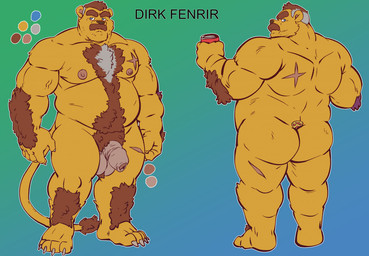 anthro back_scar ball_tuft balls belly beverage biceps body_hair butt chest_hair chest_scar facial_hair foreskin genitals grey_hair hair humanoid_genitalia humanoid_penis male mature_male multicolored_hair musclegut muscular muscular_male mustache nipples nude pecs penis pubes rear_view scar simple_background solo standing tuft two_tone_hair markwulfgar dirk_fenrir felid lion mammal pantherine 2021 model_sheet