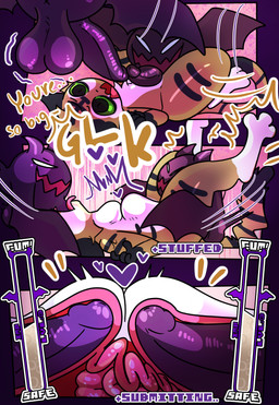 abdominal_bulge anal anal_penetration anthro balls demonic erection gameplay_mechanics genitals glans licking male male/male penetration penis questionable_consent spade_tail stripes tail text tongue halfpricesouls demon felid imp mammal pantherine tiger absurd_res comic english_text hi_res