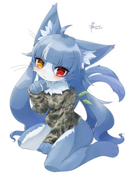 3_toes 5_fingers ahoge ambiguous_gender anthro blue_body blue_fur blue_hair blush bottomless bottomless_ambiguous bottomless_anthro camo camo_clothing camo_print claws clothed clothing countershading feet femboy finger_claws fingers fluffy forked_tail fur hair heterochromia inner_ear_fluff jacket kemono long_hair looking_at_viewer male male_anthro multicolored_body multicolored_fur neck_tuft pattern_clothing red_eyes simple_background sitting solo tail toes topwear tuft two_tone_body two_tone_fur unusual_anatomy unusual_tail wariza whiskers white_background white_body white_fur yellow_eyes umimiusisisi japan_air_self-defense_force omaneko_(jasdf) domestic_cat felid feline felis mammal 2023 absurd_res digital_media_(artwork) hi_res