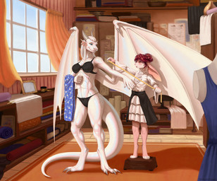 anthro biped bra breasts clothing dress duo female size_difference standing tailor underwear wings thejoyfuldragon mythology selen_(elisonous) dragon lagomorph leporid mammal mythological_creature mythological_scalie rabbit scalie hi_res