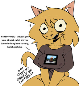 anthro black_text blonde_hair bodily_fluids breasts clothed clothed_anthro clothed_female clothing female female_anthro fur hair huge_thighs inner_ear_fluff looking_at_viewer nervous nervous_smile open_mouth open_smile shirt simple_background smile solo stained_clothing sweat sweatdrop tail talking_to_viewer text thick_thighs topwear tuft white_background white_inner_ear_fluff wide_hipped_anthro wide_hipped_female wide_hips yellow_body yellow_fur yellow_tail xarop77 lemon_demon meet_dave domestic_cat felid feline felis mammal 2025 digital_media_(artwork) english_text hi_res