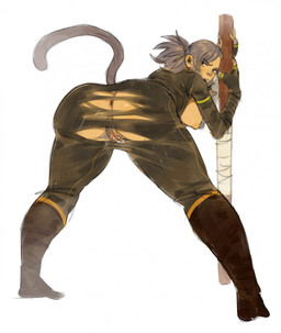 anthro anus big_breasts big_butt breasts butt clothed clothing female genitals leaning leaning_forward looking_back nipples partially_clothed pole pubes solo torn_clothing vulva wardrobe_malfunction geramime chucklefish starbound apex_(starbound) haplorhine mammal monkey primate hi_res