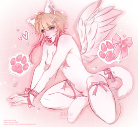 5_fingers anthro areola bdsm blonde_hair blush bodily_fluids bondage bound bow_ribbon breasts clothed clothing ear_piercing female female_anthro fingers front_view fur genital_fluids genitals hair heart_symbol jewelry looking_at_viewer multicolored_hair navel nipple_piercing nipples nude nude_anthro nude_female open_mouth pantsless_anthro pantsless_female paws piercing pink_hair pose ribbons ring_piercing simple_background sitting smile solo tail text topless topless_anthro topless_female vaginal vaginal_fluids vulva vulva_squish white_body white_fur wings altkir astra_(altkir) domestic_cat felid feline felis mammal hi_res url