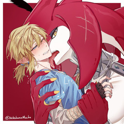 anthro bite_mark blonde_hair blue_eyes blush clothed clothing duo ear_piercing hair hand_grab humanoid_pointy_ears licking looking_at_viewer male male/male neck_lick not_furry piercing pointy_ears size_difference tongue nekohanemocha breath_of_the_wild nintendo the_legend_of_zelda link prince_sidon humanoid hylian mammal marine zora 1:1 digital_drawing_(artwork) digital_media_(artwork) hi_res