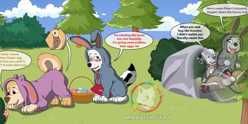 adolescent anatomically_correct anatomically_correct_genitalia anatomically_correct_penis anatomically_correct_vulva animal_genitalia animal_penis animal_vulva anus balls basket big_balls big_penis blue_eyes blush blush_lines bodily_fluids bouncing_penis bunny_costume canine_genitalia canine_penis canine_vulva clothing collar container costume dripping easter_basket easter_egg ejaculation embarrased_horny erection female feral feral_on_feral fluffy fluffy_fur fluffy_tail forest_background fur genital_fluids genitals group holidays huge_penis knot knotted_penis looking_at_another looking_at_partner looking_away looking_down looking_down_at_genitalia looking_pleasured male male/female markings nervous nervous_smile nervous_sweat on_bottom on_top orgasm paws penetration penis pink_eyes purple_body purple_fur reverse_cowgirl_position sex sitting small_but_hung speech_bubble spots spotted_body spotted_fur sweat tail tan_body tan_fur text thick_penis tongue tongue_out toony unwanted_erection vaginal vaginal_fluid_drip vaginal_fluids vaginal_juice_on_penis vaginal_penetration vaginal_squirting vulva wet wet_balls wet_penis white_body white_fur young young_but_hung marvispot84 easter nickelodeon paw_patrol easter_bunny everest_(paw_patrol) fan_character marshall_(paw_patrol) nicky_(marvispot84) spots_(oc_marvispot84) canid canine canis dalmatian dalsky_(dalmatian_and_husky) domestic_dog husky mammal nordic_sled_dog shiba_inu siberian_husky spitz absurd_res cel_shading english_text hi_res shaded trans_(lore) trans_man_(lore)
