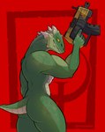 5_fingers anthro bent_arm butt countershade_tail countershade_torso countershading fangs female fingers green_body green_scales grin grinning_at_viewer gun holding_gun holding_object holding_ranged_weapon holding_weapon horn looking_at_viewer muscular muscular_anthro muscular_arms muscular_female nude orange_sclera ranged_weapon red_background scales short_tail side_view simple_background smile smiling_at_viewer solo standing tail teeth thick_neck thick_thighs ventral_scales weapon conditional_dnp remanedur id_software microsoft quake quake_champions sorlag reptile scalie 2023 digital_media_(artwork) portrait three-quarter_portrait