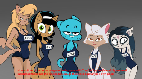 abstract_background anthro bedroom_eyes big_breasts black_hair blonde_hair blue_body blue_fur blue_hair blue_one-piece_swimsuit breast_size_difference breasts brown_body brown_eyes brown_fur cleavage clothed clothing dialogue eyelashes fangs female fluffy fluffy_tail fur green_eyes group hair hand_on_hip hand_on_own_hip long_hair long_tail looking_at_viewer mature_anthro mature_female multicolored_body multicolored_fur multicolored_hair narrowed_eyes one-piece_swimsuit parody pupils school_swimsuit seductive slit_pupils smile snaggle_tooth swimwear tail tan_body tan_fur teeth text two_tone_body two_tone_fur white_body white_fur mateora cartoon_hangover cartoon_network cat_planet_cuties cats_don't_dance hanna-barbera nickelodeon swat_kats t.u.f.f._puppy the_amazing_world_of_gumball the_summoning warner_brothers callie_briggs claire_(the_summoning) kitty_katswell nicole_watterson sawyer_(cats_don't_dance) domestic_cat felid feline felis mammal 16:9 2025 crossover digital_drawing_(artwork) digital_media_(artwork) english_text hi_res widescreen