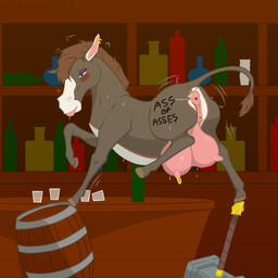 animal_genitalia animal_vulva anus balancing bar big_teats blue_eyes blush bodily_fluids body_writing bottle breasts bubble butt clitoral_winking clitoris container cup detailed_background drinking_glass drunk drunk_bubble ear_piercing ear_ring equine_anus equine_genitalia equine_vulva female feral genitals glass glass_container glass_cup hammer huge_teats hyper hyper_teats mane nipple_piercing nipples piercing ring_piercing shaking_butt shot_glass solo spread_butt spreading substance_intoxication sweat sweaty_breasts sweaty_butt tail tape teats tools vulva warhammer weapon perpetuate303 jasmine_the_battle_donkey_(perpetuate303) asinus donkey equid equine mammal 1:1 absurd_res colored hi_res
