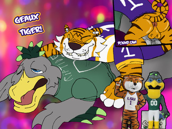 anal anal_penetration anthro backsack balls beak bite biting_lip bobblehead bottomless bottomless_anthro bottomless_male butt clothed clothing duo fur genitals glistening glistening_balls glistening_butt glistening_genitalia grey_body male male/male mascot multiple_angles penetration penile penile_penetration penis_in_ass rear_view striped_body striped_fur stripes vein veiny_balls onikuma_(artist) louisiana_state_university lsu_tigers ncaa tulane_green_wave tulane_university mike_the_tiger riptide_the_pelican avian bird felid mammal pantherine pelecaniform pelican tiger 4:3 hi_res