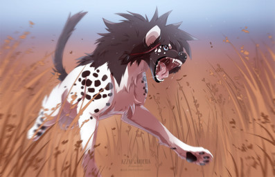 black_body black_fur black_nose black_pawpads black_spots black_tail blue_eyes bodily_fluids day dripping eyebrows fangs female feral fur grass markings open_mouth outside pawpads pink_tongue plant running saliva saliva_drip saliva_on_tongue saliva_string snout solo spots spotted_body spotted_fur spotted_markings tail teeth tongue white_body white_eyebrows white_fur azzai hyena mammal spotted_hyena 2018 colored digital_drawing_(artwork) digital_media_(artwork) shaded