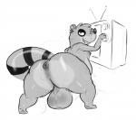 anthro anus backsack balls big_balls big_butt bubble_butt butt electronics genitals looking_back male markings presenting ring_(marking) ringed_tail simple_background smile solo striped_markings striped_tail stripes tail tail_markings television white_background heftyotter puppypaws cartoon_network regular_show rigby_(regular_show) mammal procyonid raccoon black_and_white digital_drawing_(artwork) digital_media_(artwork) monochrome