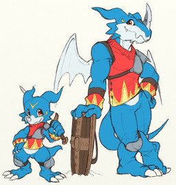 anthro armor blue_body claws countershading duo evolutionary_family horn male melee_weapon red_eyes shield sword weapon wings dahecksajerry bandai_namco digimon digimon_(species) exveemon scalie veemon