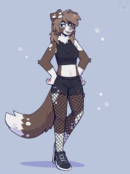 anthro black_bottomwear black_clothing black_crop_top black_eyebrows black_footwear black_shirt black_shoes black_shorts black_topwear blue_eyes bottomwear brown_body brown_fur brown_hair claws clothed clothing crop_top eyebrows eyelashes female fishnet_clothing fishnet_leggings fishnet_legwear floppy_ears footwear fur hair leggings legwear long_hair looking_back monotone_hair multicolored_body multicolored_fur open_mouth pawpads pink_nose pink_pawpads shirt shoes shorts snout solo standing tail topwear torn_bottomwear torn_clothing torn_shorts two_tone_body two_tone_fur white_body white_claws white_fur fleurfurr canid canine canis domestic_dog mammal cel_shading colored digital_drawing_(artwork) digital_media_(artwork) shaded