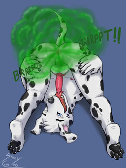 anatomically_correct anatomically_correct_genitalia anatomically_correct_penis animal_genitalia animal_penis anthro anus autofellatio canine_genitalia canine_penis fart fart_cloud fart_fetish farting_at_viewer genitals green_fart_cloud knot knotted_penis licking lying male masturbation onomatopoeia oral oral_masturbation paws penile penile_masturbation penis pink_anus presenting self_lick solo sound_effects text tongue stinkycoyote canid canine canis dalmatian domestic_dog mammal 3:4 absurd_res hi_res