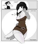 animal_mask anthro beak_mask big_breasts black_hair breasts chest_tuft cleavage clothed clothing curvy_figure dialogue expansion female hair mask plague_doctor robe solo text thick_thighs tuft thecybercg ingrid_the_plague_doctor ingrid_(harry_amoros) avian comic english_text hi_res