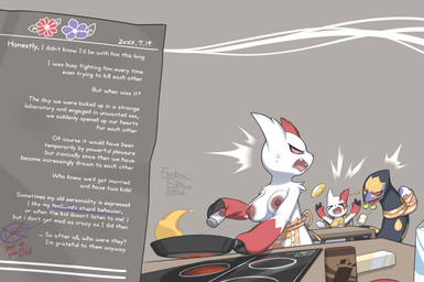 ambiguous_gender anthro apron apron_only areola ball biped black_body breasts chair claws clothed clothed_anthro clothed_female clothing coffee_mug cooking dark_nipples diary egg eyes_closed family female feral finger_claws fingers front_view fur furniture group holding_object looking_back nipples on_chair open_mouth pink_sclera plate pokemon_egg red_sclera simple_background sitting sitting_on_chair standing table teeth tennis_ball text tongue topless trio white_body white_fur yelling zinfyu nintendo pokemon generation_3_pokemon pokemon_(species) seviper zangoose 2025 absurd_res digital_media_(artwork) english_text hi_res father_(lore) father_and_child_(lore) male_(lore) mother_(lore) mother_and_child_(lore) mother_and_father_(lore) parent_(lore) parent_and_child_(lore)