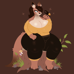 3_toes anthro big_breasts biped black_clothing black_leggings black_legwear breasts brown_background brown_eyelids brown_eyes brown_hair cleavage clothed clothing countershade_neck countershade_torso countershading curvy_figure duo ear_tuft extreme_size_difference feet female feral fungus glistening glistening_breasts grass hair hand_on_leg hand_on_own_leg hand_on_own_thigh hand_on_thigh huge_breasts huge_thighs leaf leggings legwear long_tail mushroom plant simple_background size_difference smile sweater tail thick_thighs toes topwear tree_stump tuft voluptuous yellow_clothing yellow_sweater yellow_topwear naycelium chamomile_(naycelium) arthropod beetle hercules_beetle insect kangaroo macropod mammal marsupial rhinoceros_beetle scarabaeid 1:1 2025 absurd_res hi_res
