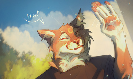 anthro blue_sky brown_body brown_clothing brown_fur brown_shirt brown_t-shirt brown_topwear cheek_tuft closed_smile clothed clothing cloud eyes_closed facial_tuft fingerpads front_view fur gesture inner_ear_fluff male male_anthro mouth_closed neck_tuft outside pawpads red_nose red_pawpads shirt sky smile solo t-shirt topwear tuft waving waving_at_viewer whiskers white_body white_fur white_inner_ear_fluff justkiddinb felid mammal bust_portrait hi_res portrait