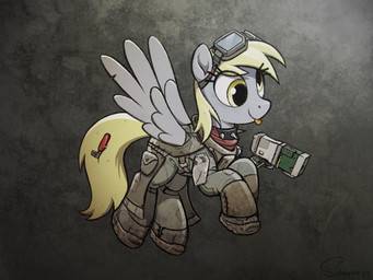 clothing collar eyewear female feral goggles smile solo spiked_collar spikes text tongue tongue_out wings selenophile fallout friendship_is_magic hasbro microsoft my_little_pony mythology derpy_hooves_(mlp) equid equine mammal mythological_creature mythological_equine pegasus 2019 4:3 absurd_res english_text hi_res signature