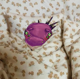 4_eyes ambiguous_gender anthro bed bedding big_nose blanket blush comfort comfortable comfy drawn_over eyebrows eyelashes furniture glistening glistening_eyes green_eyes kind_eyes multi_eye photo_background pillow purple_body purple_scales scales solo spikes spikes_(anatomy) tired tucked_in under_covers nacurenyzernomex risk_of_rain acrid_(risk_of_rain) homunculus hybrid lizard reptile scalie mixed_media photography_(artwork) male_(lore)