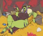 alcohol barefoot beverage big_breasts breasts clothed clothing crossed_legs feet female jewelry looking_at_viewer money not_furry reclining slightly_chubby smile solo thick_thighs treasure wine dannyg humanoid orc