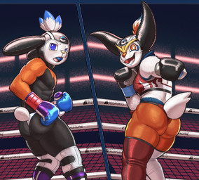 anthro ballboxing boxing boxing_gloves bra butt clothing cock_sheath duo erection erection_under_clothing female fight fighting_ring fur genitals gynomorph gynomorph/male handwear headgear intersex intersex/male leather leather_clothing leather_headgear legwear looking_at_viewer male male/female penis_clothing pseudo_clothing sport sports_bra stockings thigh_highs thong underwear white_body white_fur dcheese nintendo pokemon cinderace generation_8_pokemon pokemon_(species) raboot 2025 digital_media_(artwork) hi_res brother_(lore) brother_and_sister_(lore) sibling_(lore) sister_(lore)