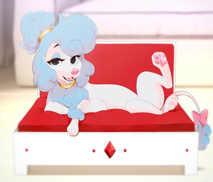 accessory black_eyebrows blue_eyelids blue_eyes blue_hair bow_ribbon eyebrows eyelashes female feral fur furgonomics hair hair_bun inside looking_at_viewer lying on_side open_mouth pawpads pink_bow pink_nose pink_pawpads ribbons snout solo tail tail_accessory tail_bow tail_ribbon tail_tuft teeth tuft white_body white_fur azzai canid canine canis domestic_dog mammal poodle 2021 colored digital_drawing_(artwork) digital_media_(artwork) shaded