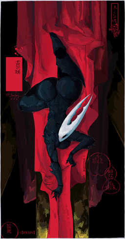 2_horns anthro biped black_body black_eyes butt clothing empty_eyes female horn red_clothing red_text simple_background solo text sarifairy hollow_knight_(franchise) team_cherry hornet_(hollow_knight) arachnid arthropod spider 2026 absurd_res chinese_text english_text hi_res