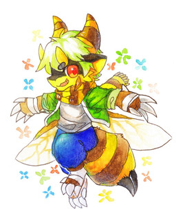 anthro black_body black_fur bottomwear brown_body brown_bottomwear brown_clothing brown_fur brown_horn brown_pants brown_scarf clothed clothing fur green_clothing green_hair green_topwear grey_clothing grey_topwear hair happy horn insect_wings male messy_hair open_mouth open_smile pants pupils red_eyes red_pupils scarf short_hair simple_background smile solo topwear unsigned white_body white_fur wings yellow_horn yellow_scarf asnnonaka mythology arthropod bee dragon hybrid hymenopteran insect mythological_creature mythological_scalie scalie 4:5 full-length_portrait portrait traditional_media_(artwork)