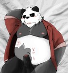 anthro balls belly black_body black_nose blush clothed clothing duo erection eyes_closed genitals kemono lying male moobs navel nipples open_clothing open_shirt open_topwear overweight overweight_male penis shirt solo_focus tongue tongue_out topwear white_body snow_utamaru bear giant_panda mammal 2023 hi_res