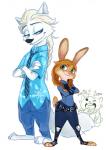 anthro barefoot blue_eyes bottomwear brown_body brown_fur cheek_tuft clothed clothing crossed_arms duo_focus facial_tuft feet fully_clothed fur group looking_at_another necktie pants police police_uniform shirt standing topwear tuft uniform white_body white_fur tiningots disney frozen_(disney) zootopia anna_(frozen) elsa_(frozen) judy_hopps nick_wilde canid canine fox lagomorph leporid mammal rabbit crossover